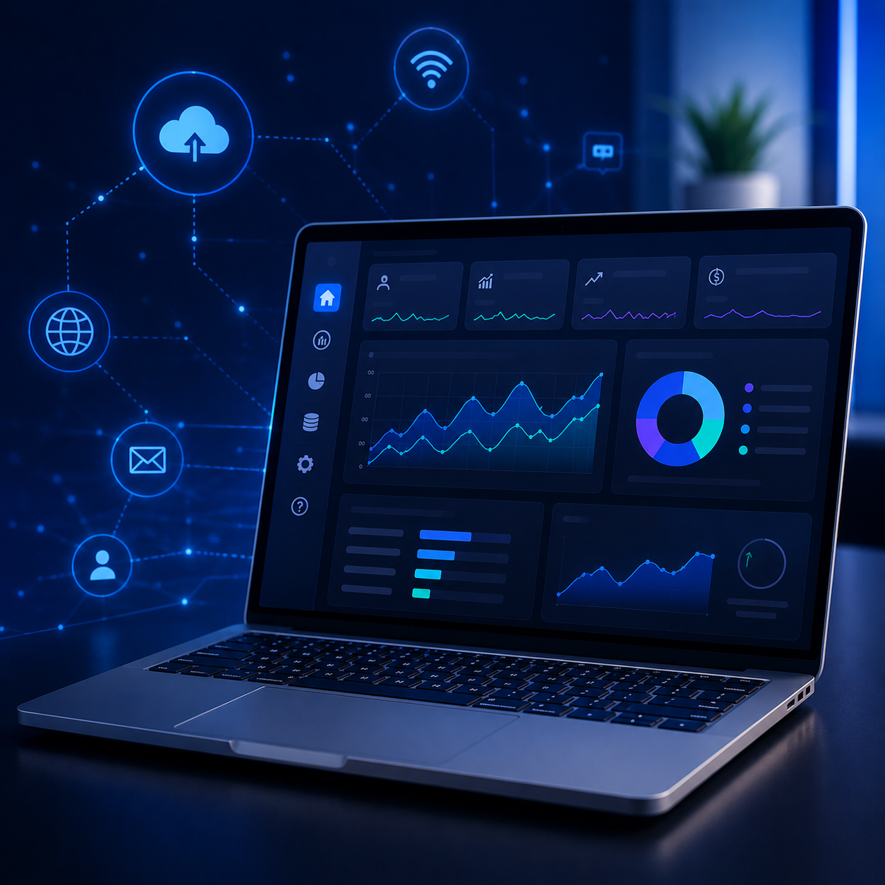 Persona estudiando finanzas desde una laptop en un espacio moderno